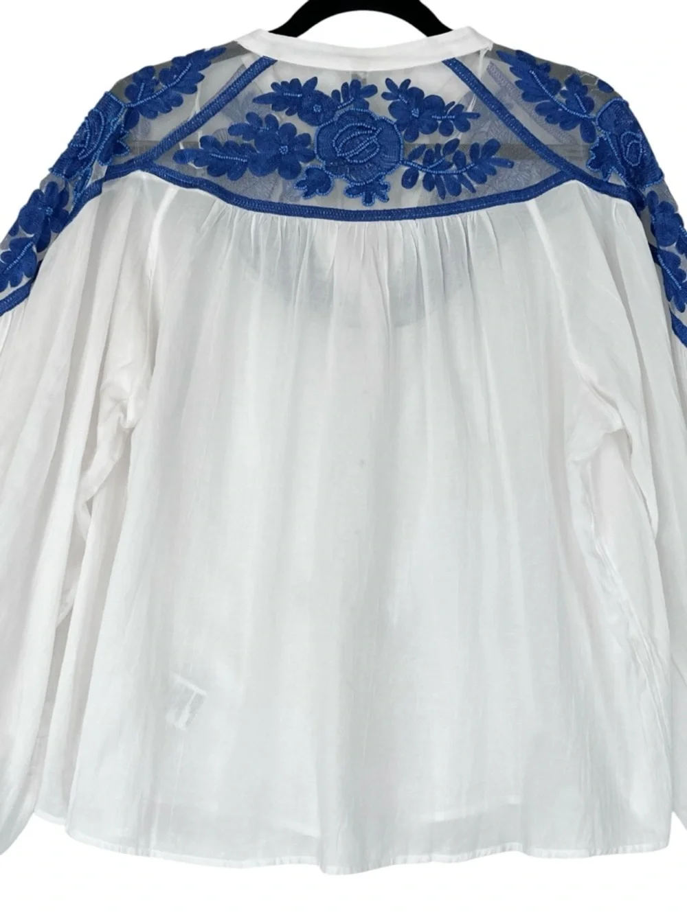 Anthropologie Long-Sleeve Lace Blouse White Blue Sz S Embroidered Beaded Relaxed - Picture 4 of 16